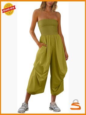 Strapless Tube Top Harem Jumpsuit Romper with Pockets